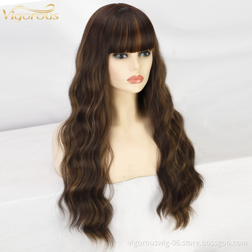 Vigorous Highlight Wavy Wigs Brown Mix Blonde Middle Part Cosplay Heat Resistant Synthetic Wigs with Bangs Black Women Long Hair